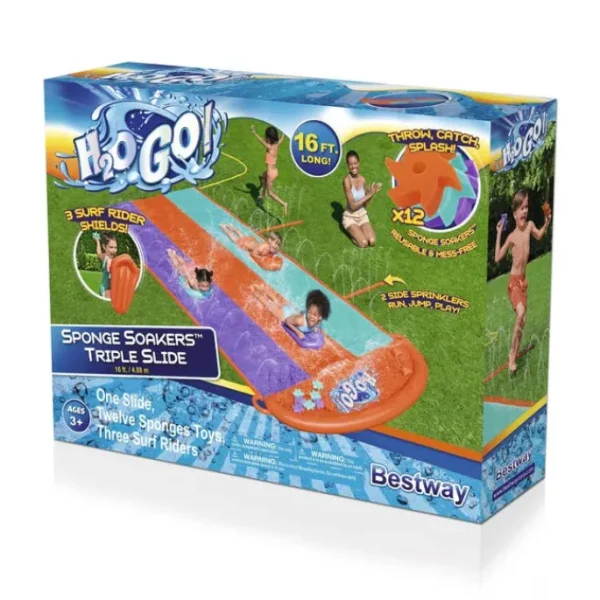 Bestway Water Slides-H2OGO! 16' Triple Water Slide with Sponge Soakers Toys and Three Riders